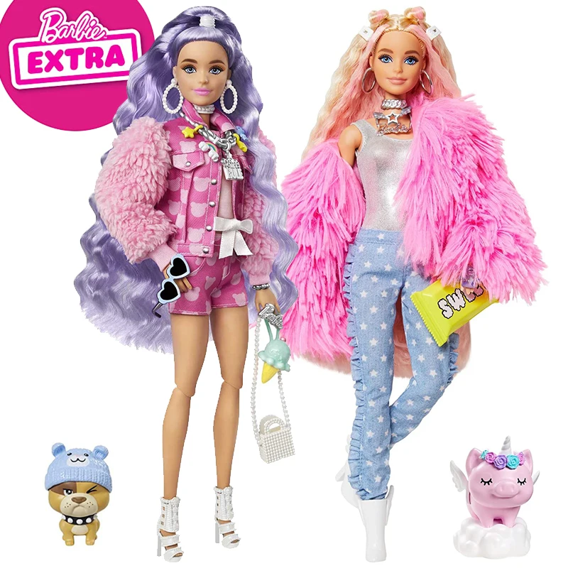 Original Barbie Extra Doll Pink Print Denim Jacket with Pet Puppy Toys for Girls Flexible Joints Fashion Dolls Accessories Gift hdy91 barbie extra мини куклы и приключения друзей животных