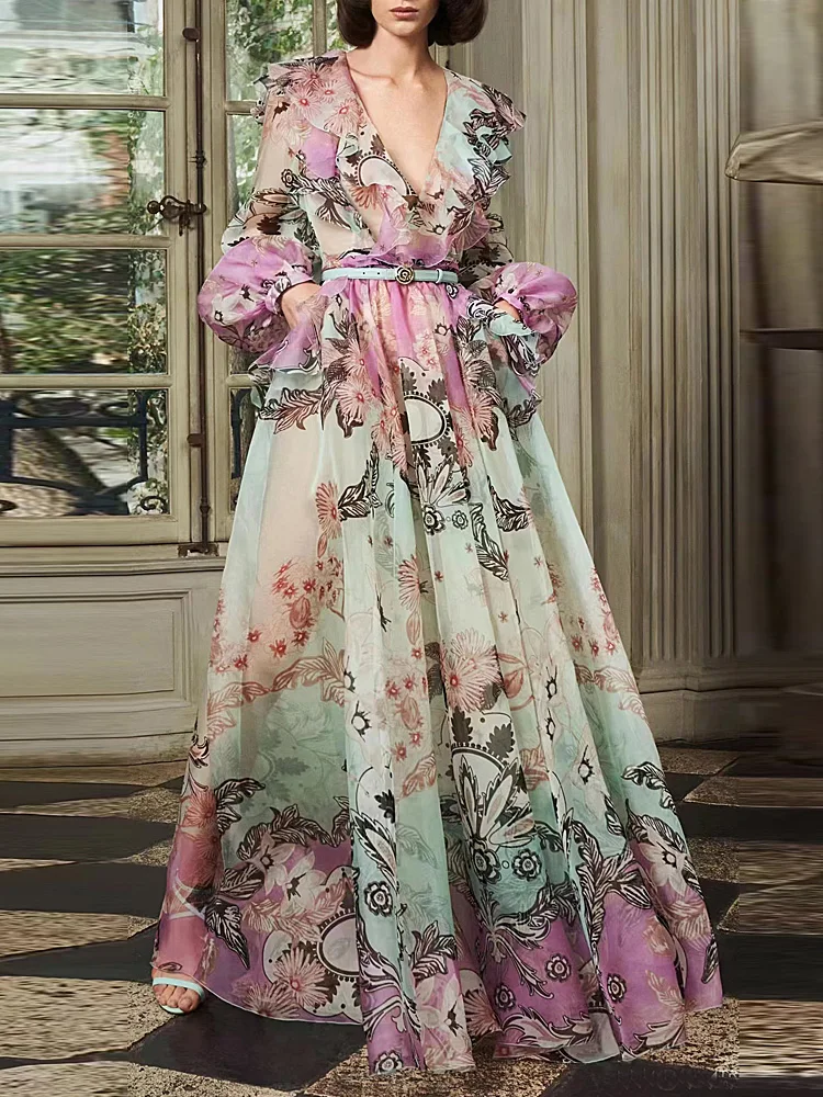 

New Female Spring Autumn High Quality Fashion Party Pleated Sexy Printed Bohemian Holiday Casual Chic Long Dresses For Women