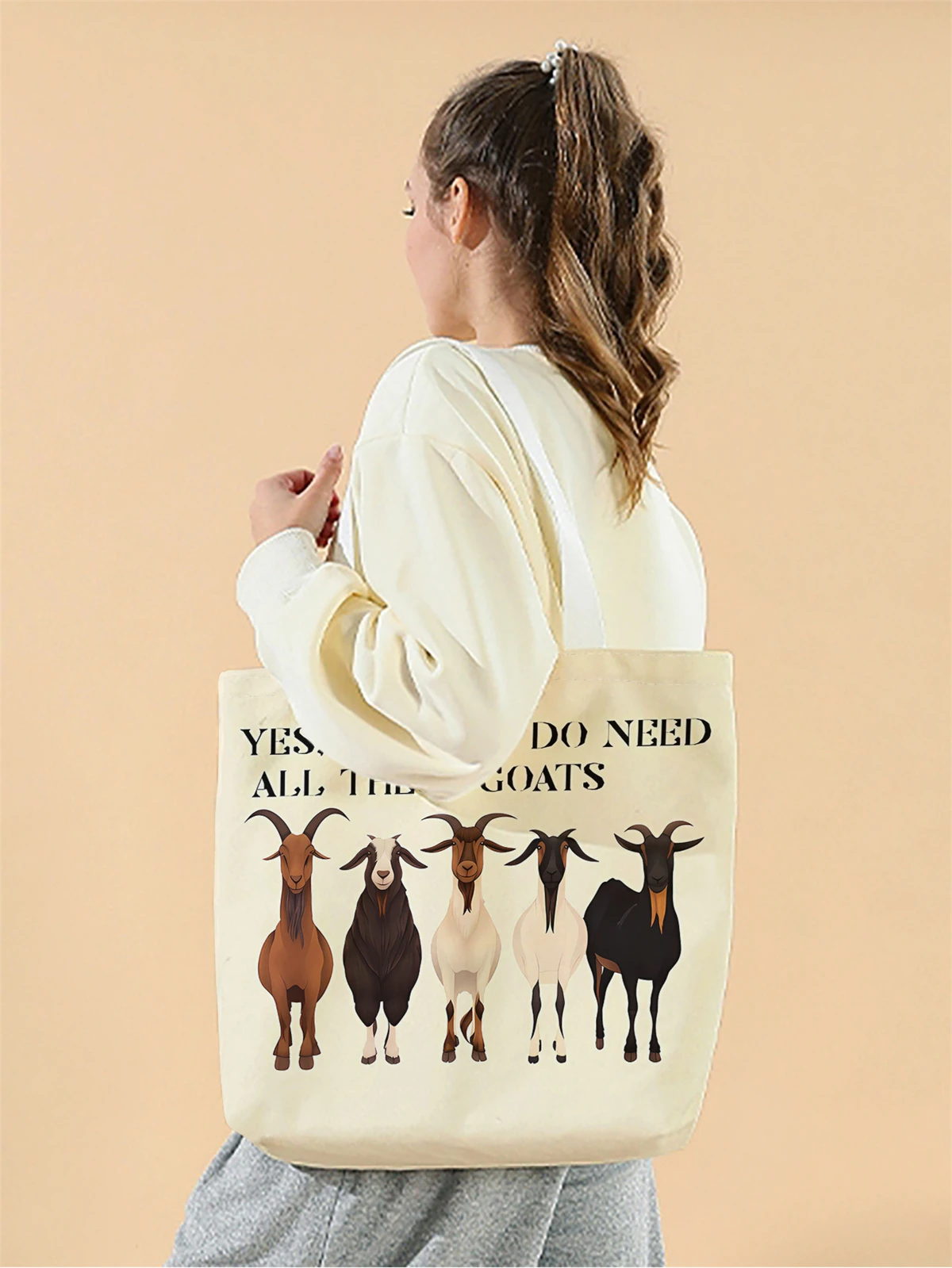 1pc,cartoon goat pattern handbag, reusable fashionable handbag, multifunctional handbag, printed canvas shopping bag