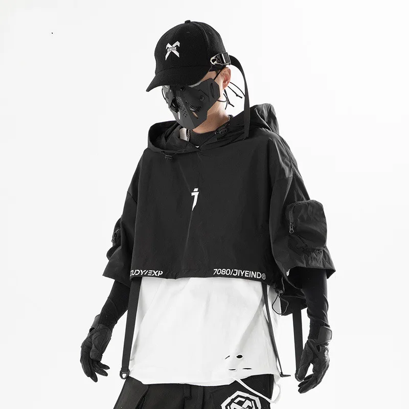 2023 Techwear Style Hip Hop Cropped Jacket Pullover Mens Punk Motorcycle Hooded Cloak Multi-pockets Jaqueta 5