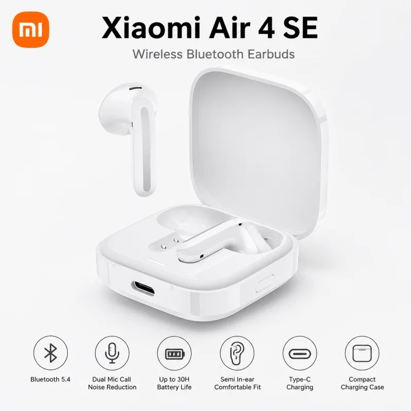 Xiaomi Air Wireless Bluetooth Earbuds - 30H Battery, Dual-Mic, Clear Call, Semi-in-Ear TWS, Type-C Charging