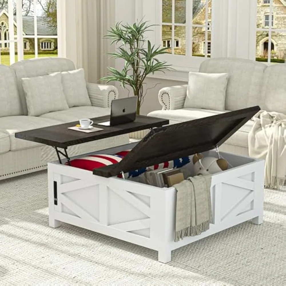 36" Farmhouse Lift Top Coffee Table with Storage, Square Coffee Table with Charging Station, Living Room Center Table 3