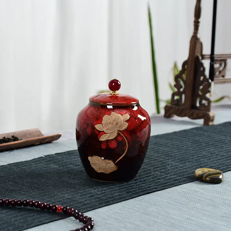 Kiln Change Lotus Celadon Ge Kiln Ceramic Tea Seal Pot Pu'er Moisture-proof Storage