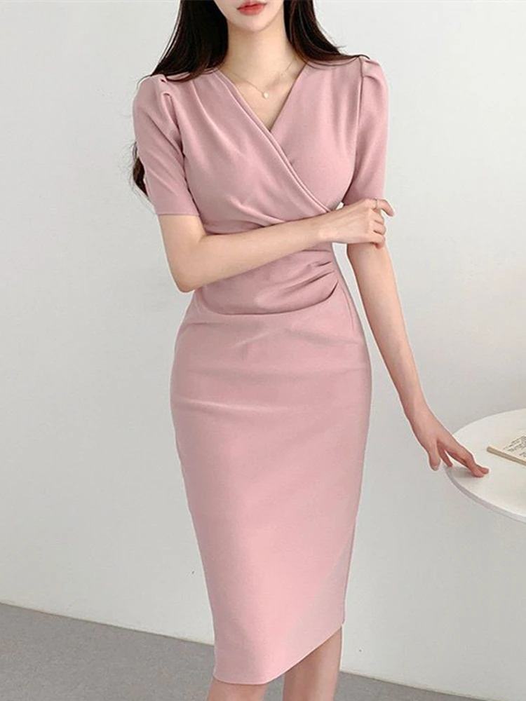 Formal Dress Solid Color Puff Sleeve Short Sleeve V-neck Pencil Dress ...