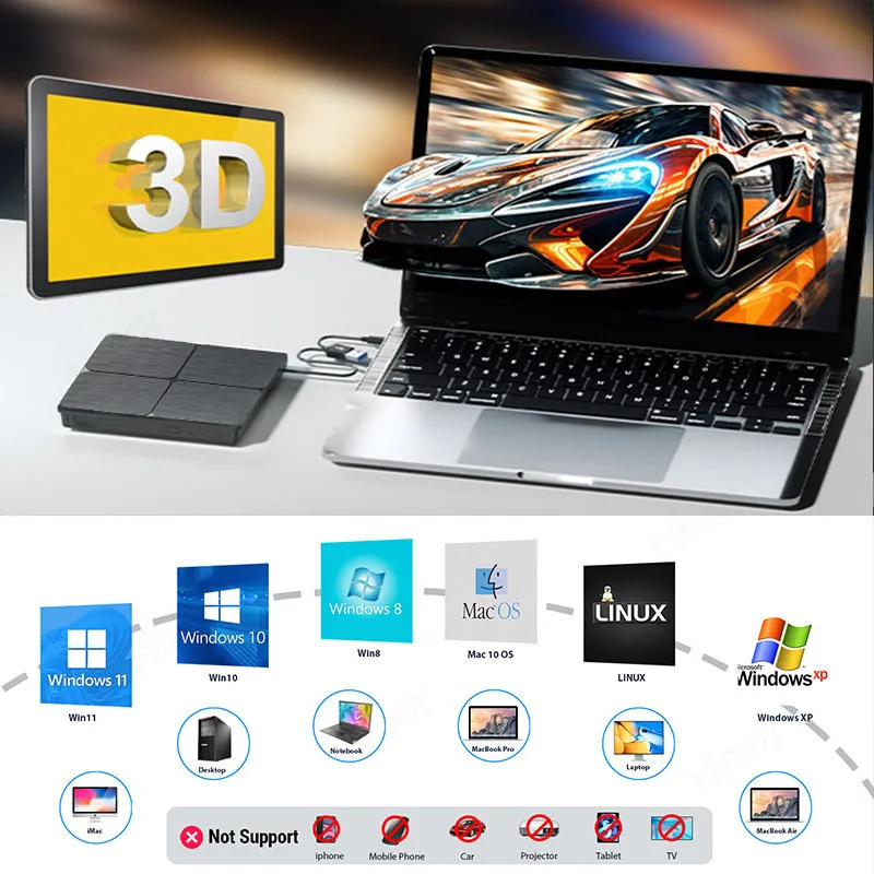 외부 Bluray DVD 드라이브 USB 3.0 휴대용 3D BD-콤보 플레이어 리더 CD DVD 버너 노트북 PC 컴퓨터 노트북 Windows 11