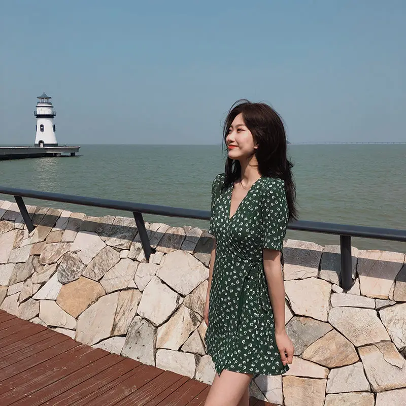 

Women's Dress Mini Clothing Short Green Female Dresses 2023 Flower Floral Bandage X Sale Harajuku Promotion Aesthetic Fashion Xl