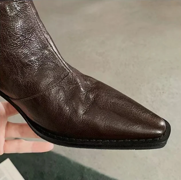 2024 Höst/vinter Ny Casual, spetsig V-ringad Cowboy Tjockklack Martin Kvinnors Korta Ben Långa Tunna Stövlar_voghion.com