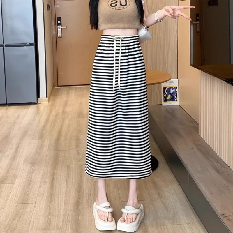 Korean Style Summer Maternity Striped Skirts Drawstring Waist Back Split Mid-calf Black White Pregnant Woman One-Step Skirt