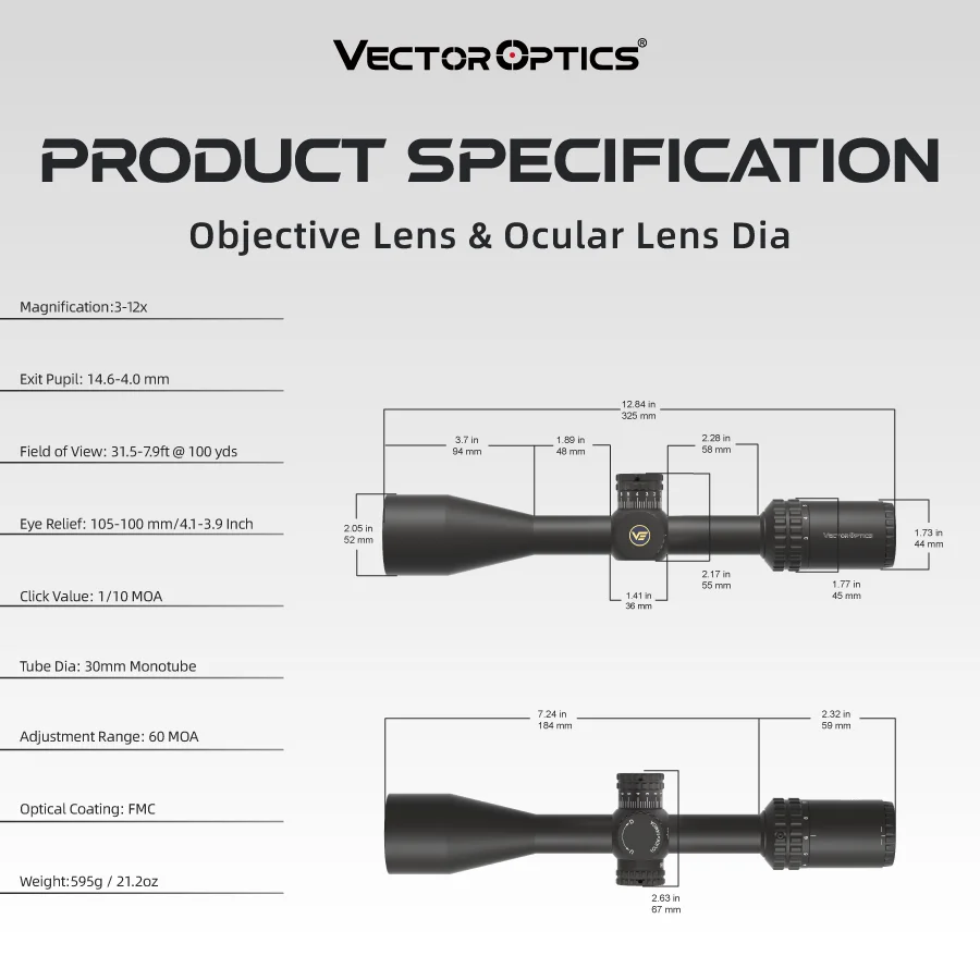 Riflesso Vector Optics Hugo 3-12x44 - Mirino Per Fucile, Tubo 25.4mm, Regolazione 1/4 MOA, Con Anelli E Paraluce - Foto 7