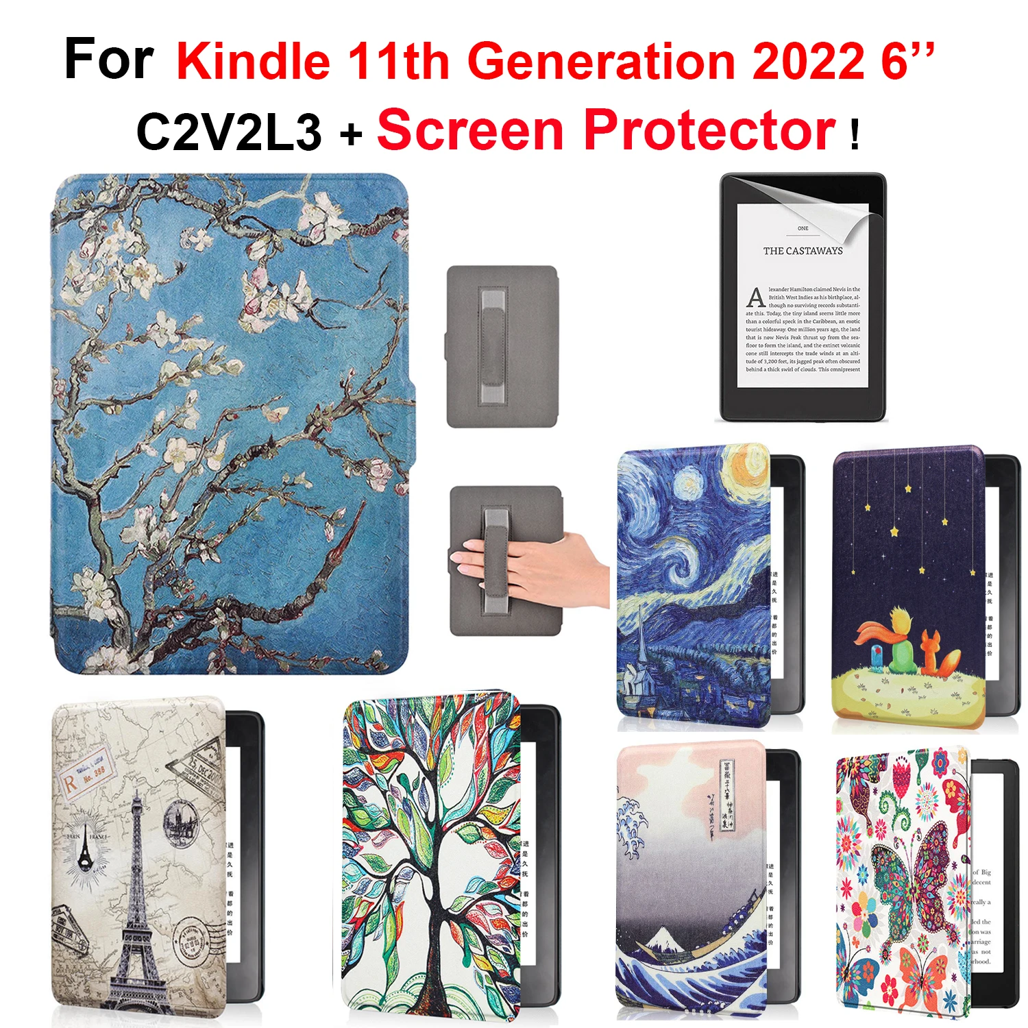 Premium Leather E-Reader Case with Screen Protector and Hand Strap, Auto Wake/Sleep Feature