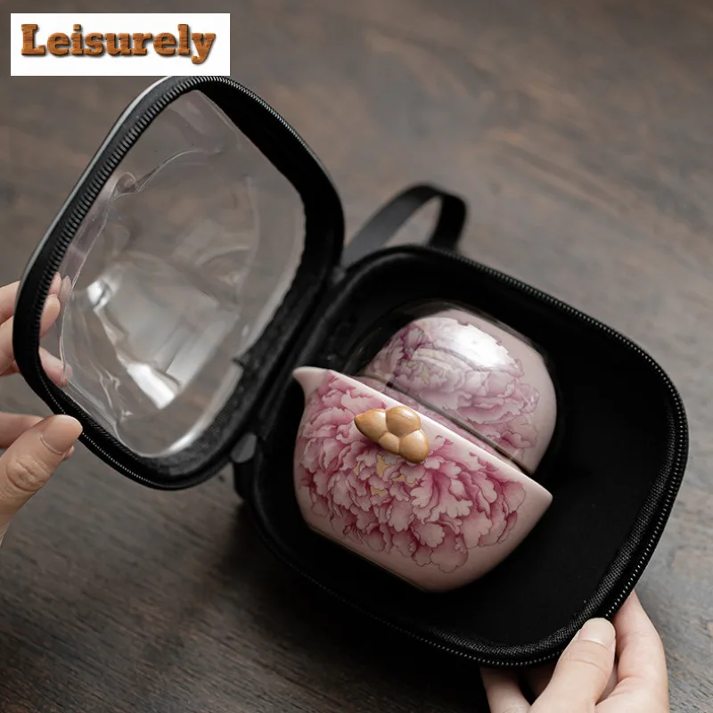 Antique Ru Kiln Peony Flower Tea Set Kit Aesthetic 1 Pot 2 Cups Tea Making Portable Travel Organizer Bags Chinese Tea Set Gift