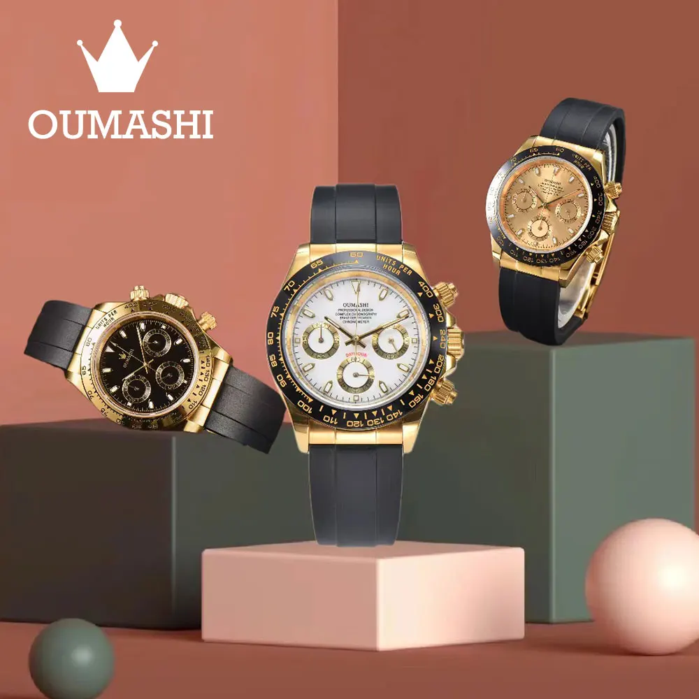 Japan Original VK63 Watch OUMASHI Luxurious Men's Sports Panda Dial Quartz Watch Stainless Steel Sapphire Glass Waterproof Watch