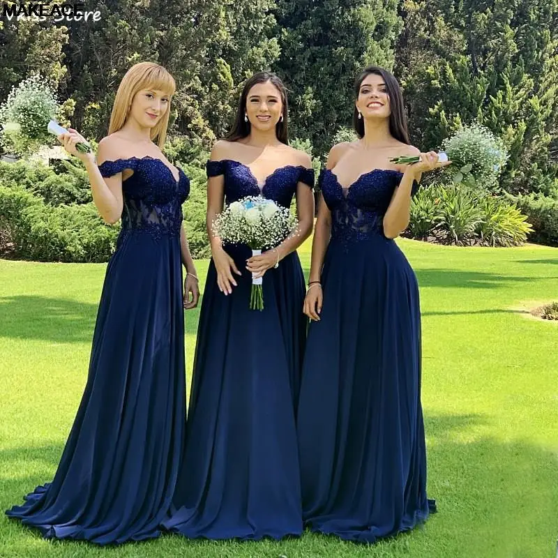 

2023 Bridesmaid Dress Beads Applique Chiffon A-line Floor Length Off Shoulder Evening Party Dress vestidos de fiesta