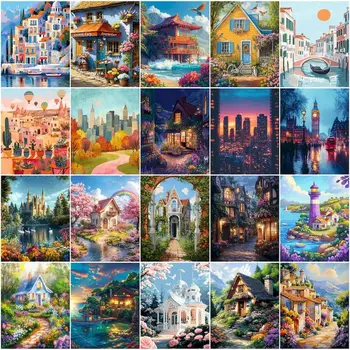 GATYZTORY Dipingere con i numeri Disegna paesaggi di città da colorare con i numeri Kit di pittura Acquerelli Immagine su tela per set di lavoro manuale 1