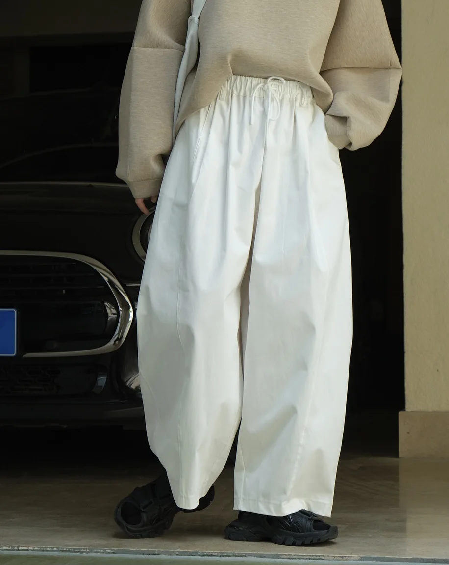 [LANMREM] Minimalism Drawstring Elastic High Waist Wide Leg Pants Women Fashion Casual Loose Trousers 2025 Spring New 26D6801