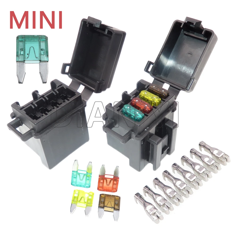

1 Set 4 Way Starter Mini In-line Fuse Holder With Crimp Terminal Small Automobile Fuse Block Assembly Blade Type Fuses Box