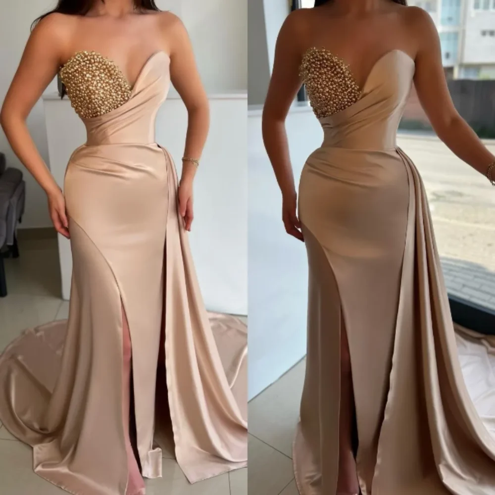 

Elegant New Champagne Evening Gown Pearls Sweetheart Split Party Prom Dress Sweep Train Formal Long Dress special occasion Wear