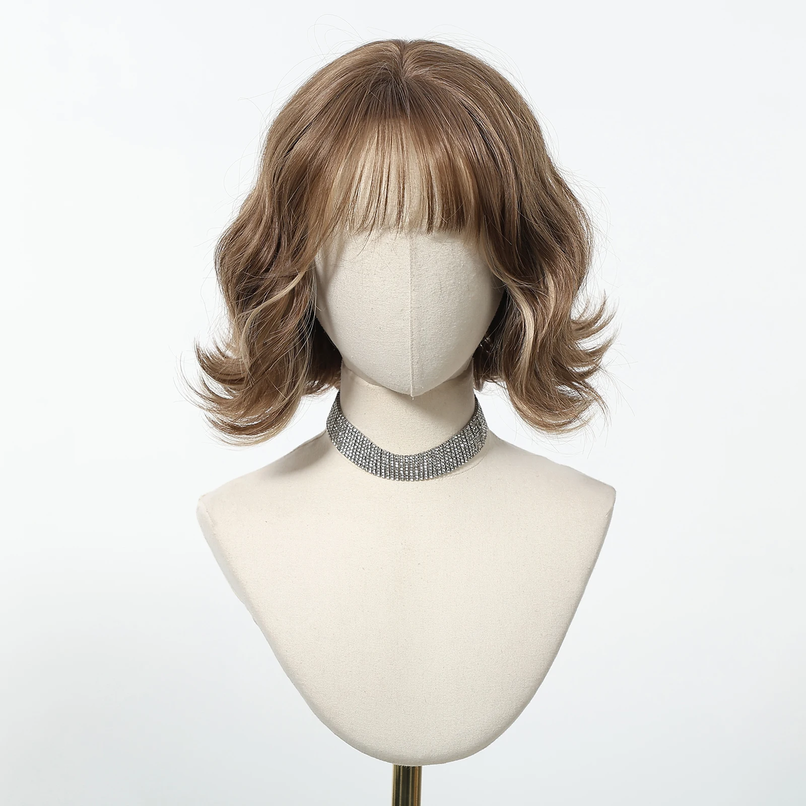 Platinblonde, kurze, gewellte Bob-Synthetik-Perücke mit Pony, flauschige, natürliche, hitzebeständige Faser, Cosplay, tägliche Party-Perücke für Frauen – Detail 14