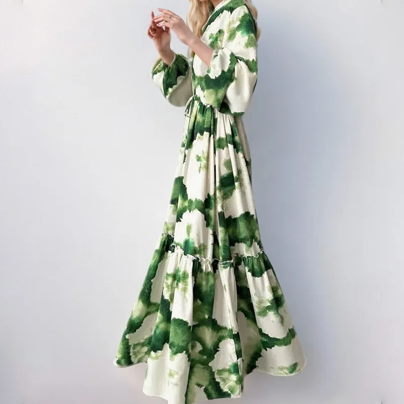 Feminino retro impresso a linha vestido longo elegante lanterna manga lapela camisa plissado vestidos de festa feminino primavera grande bainha vestido 45 S6eefebac43d14992953411ca800cb601e