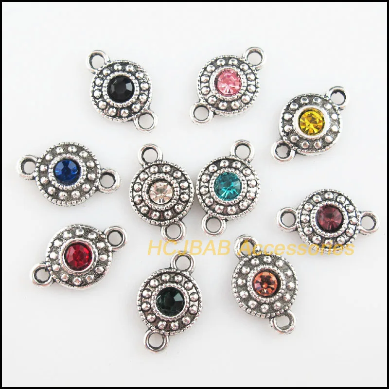 Fashion 20Pcs Tibetan Silver Plated Retro Circle Mixed Crystal Charms Connectors 11x18mm