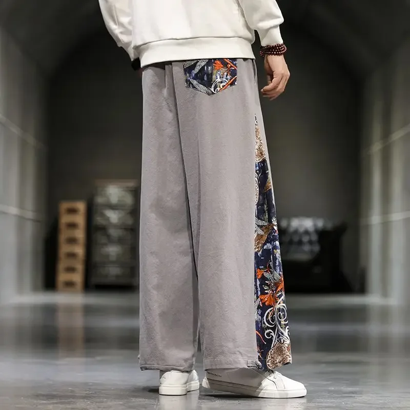 Casual Wide Leg Pants Chinese Traditional Tang Suit for Men Ethnic Style Cotton Linen Long Kung Fu Pants Tai Chi Plus Size 5XL
