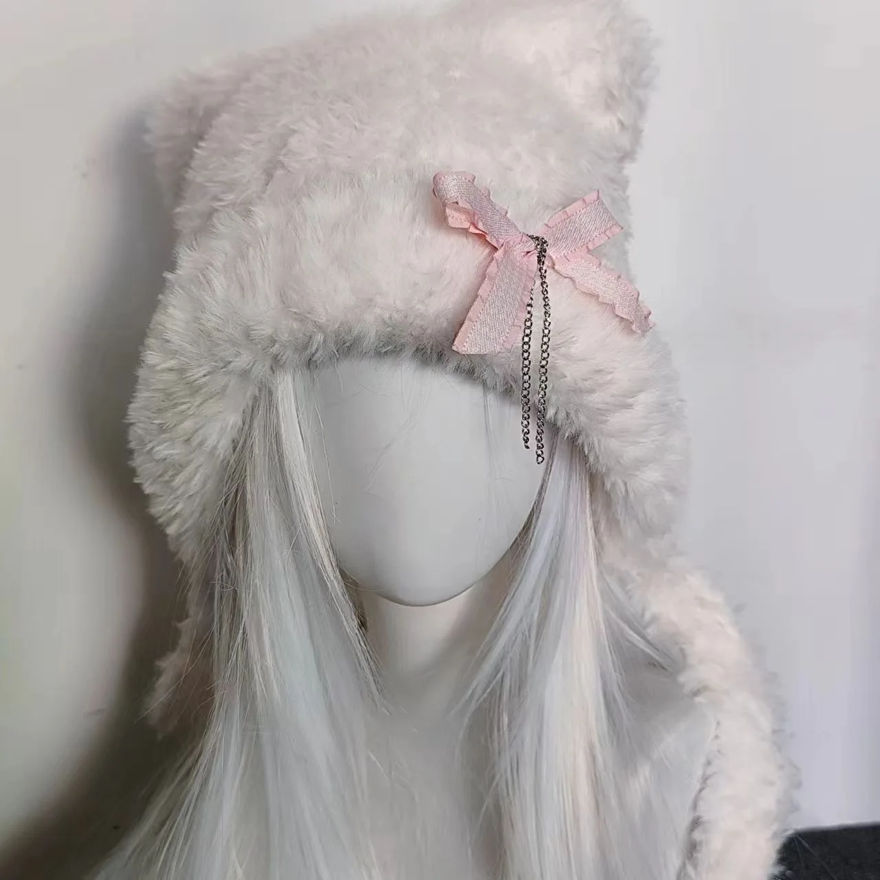 Harajuku Gothic Lolita Y2K Knitted Bear Ear Bowknot Chain Hat Women Punk Designer Winter Black Beanie Female Accessories Cap