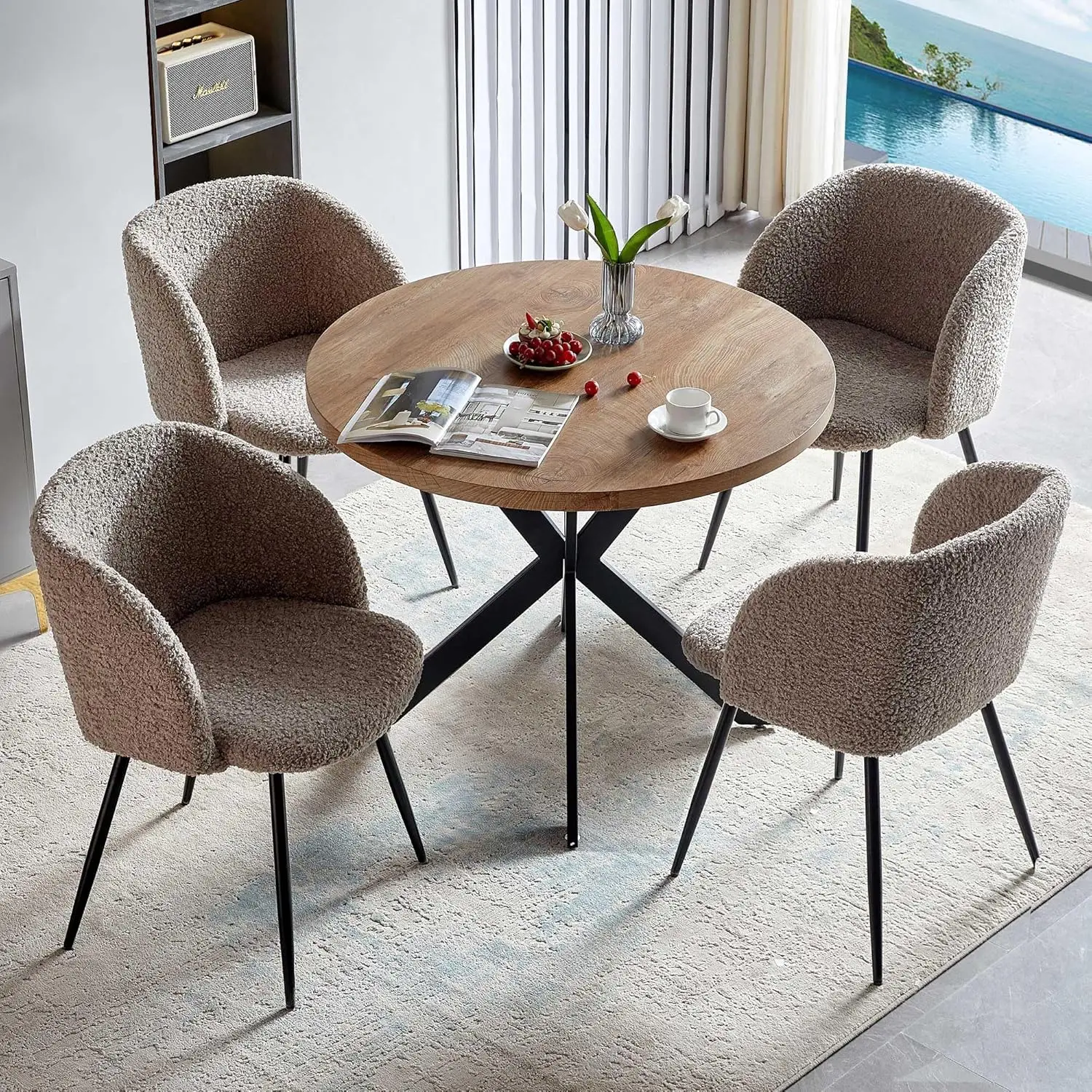 5 Pieces 37-Inch Round Dining Table and Upholstered Chairs for Four Person MDF Table-top Light Brown Fuzzy Sherpa Armchairs with