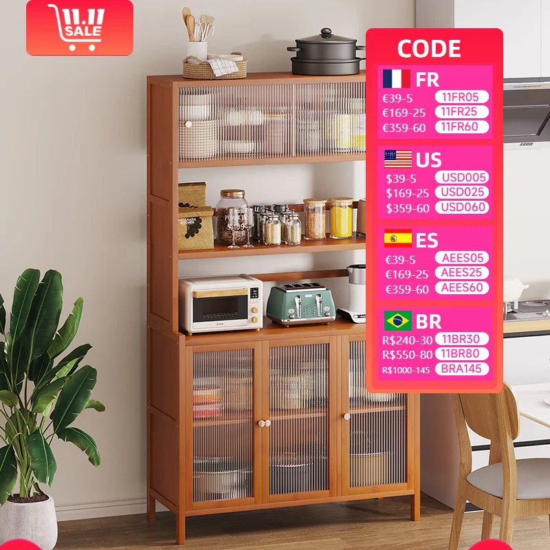 Bamboo Kitchen Storage Cabinet With Acrylic Doors-Sturdy Dining Room Cupboard Multi-Shelf Organizer Basic & Combo Available