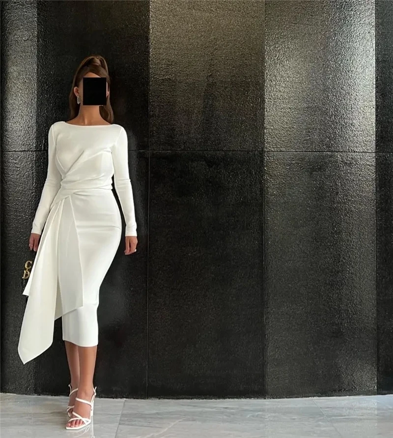 

Vintage lvory White Satin O-Neck Arabic Formal Party Dresses Long Sleeves Stretch Tea Length Dubai Women Simple Evening Gowns