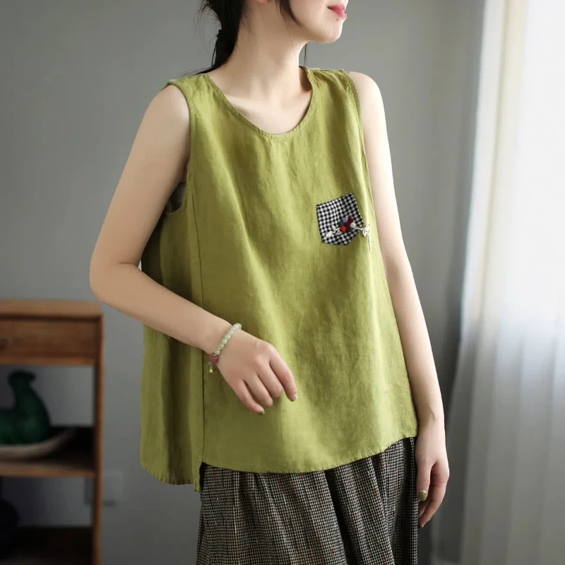 

2024 Summer Women's Leisure Fashion Elegant Commuting Loose Solid Color Patch Embroidered Retro Art Ethnic Style Sleeveless Top