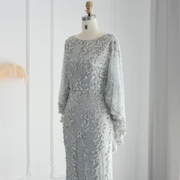 Luxury Dubai Gold Mermaid Evening Dresses with Cape Shawl Arabic Formal Prom Dress for Women Wedding Party 117 1