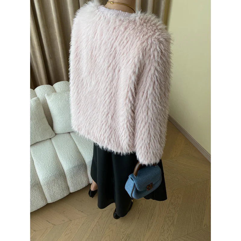 Tweed Stitching Fur Round Neck White Pink Black Women Coat Luxury Fashion Fake Fur Small Fragrant Female Coat Autumn Winter 1611
