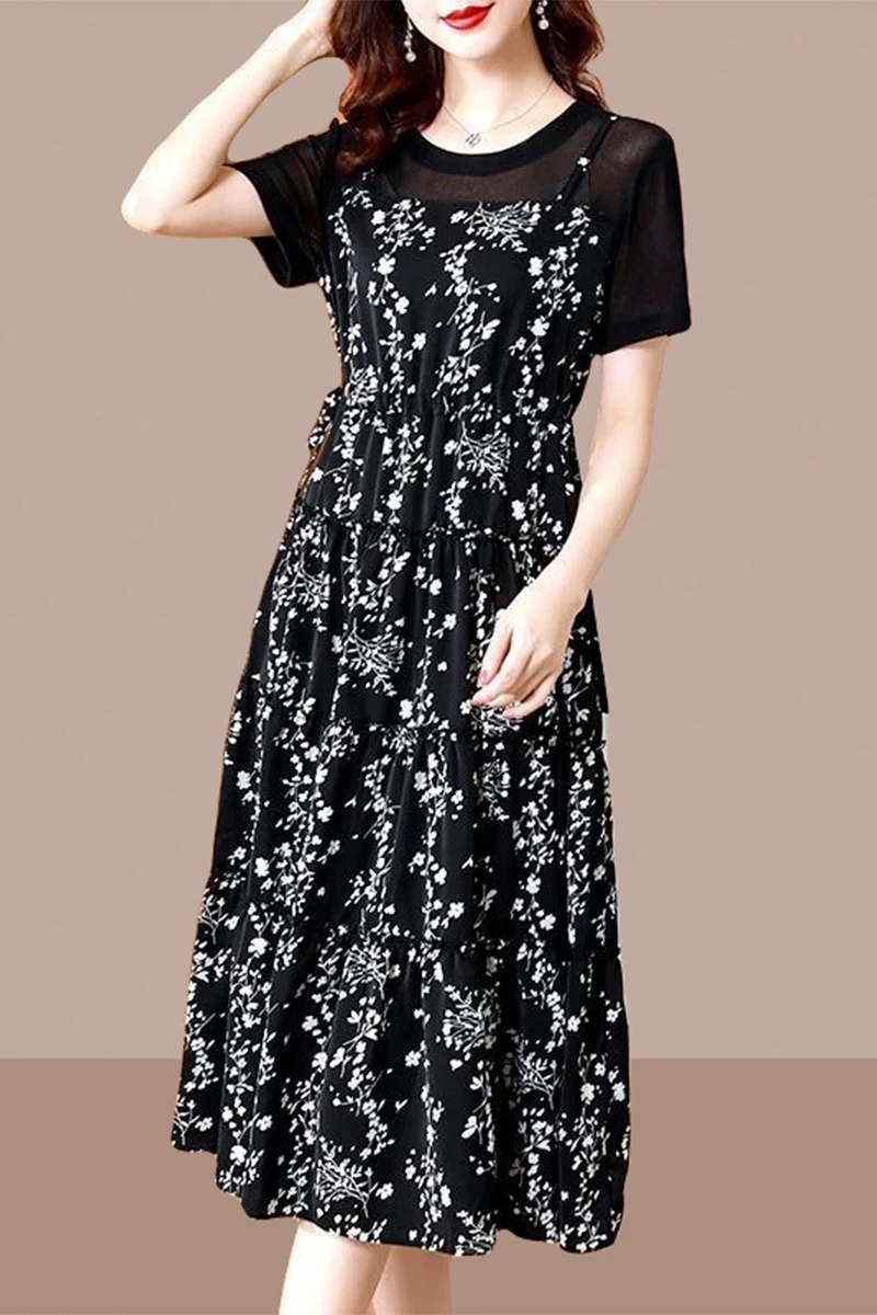 

2024 Spring/Summer New Casual Loose Round Neck Printed Short Sleeve Dress Thin Fit Fake Two Piece Dress for Women L226