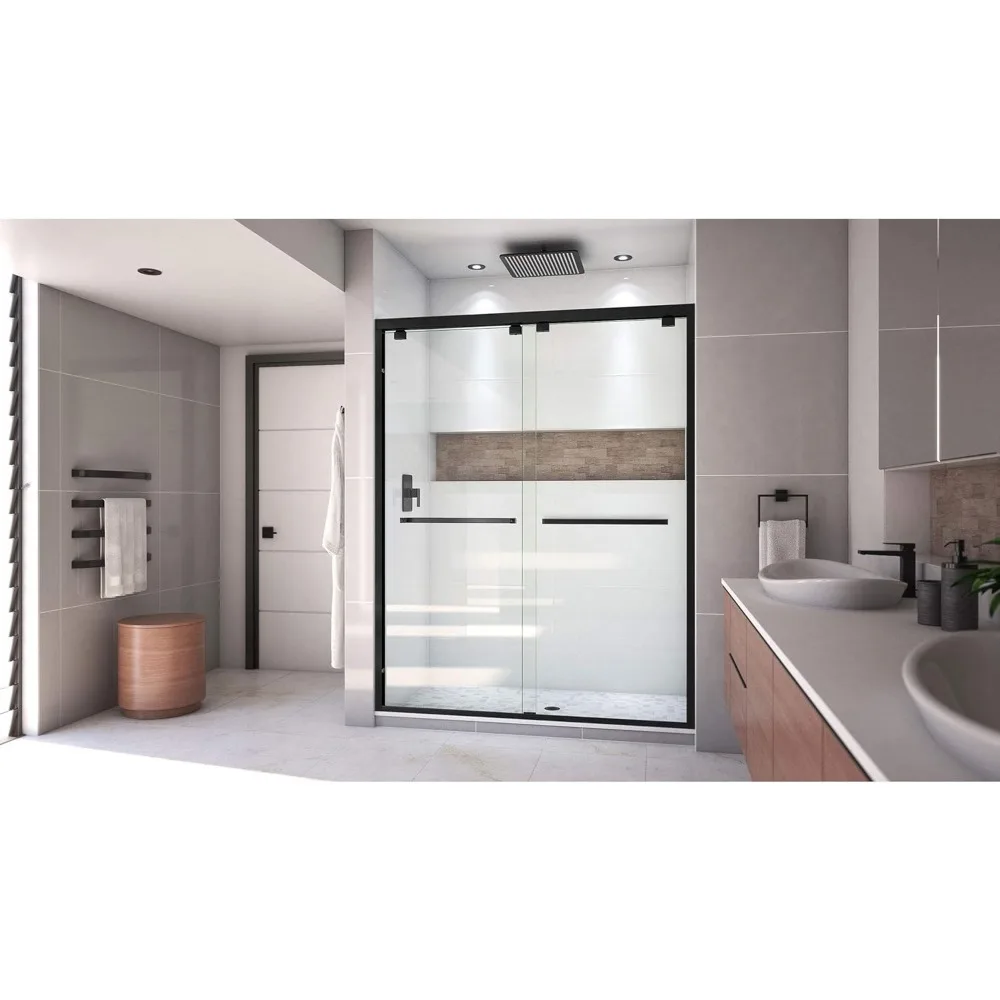 Semi-frameless bypass sliding shower door, black satin, 56-60 x 76,5/16 inches wide. (8 mm) transparent tempered glass 2