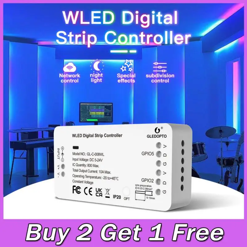 

GLEDOPTO WLED Strip Controller 5-24V 800 IC RGB RGBW LED Light Strip Controller DIY WiFi APP Control 100 Dynamic Lighting Modes