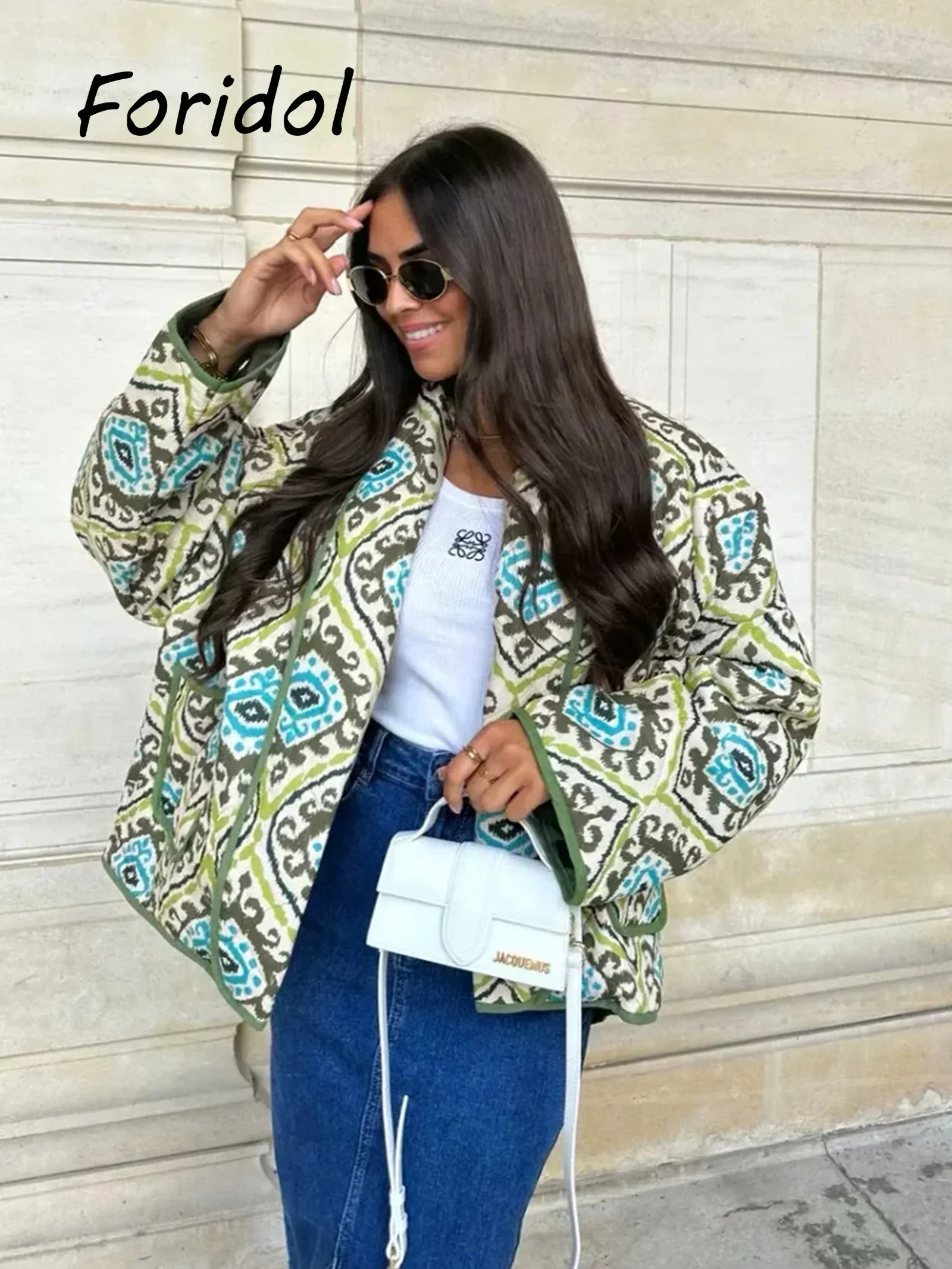

Vintage Green Print Quilted Coats Women Casual Loose Padded Coat Jackets Female Autumn Streetstyle Outfit Overcoat Cardigan 2023