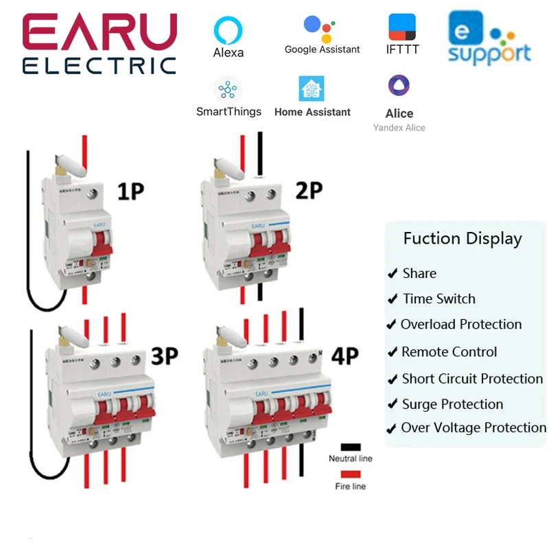 

1P 2P 3P 4P 10A-125A Wireless Smart WIFI Circuit Breaker Timer eWelink APP Vioce Remote Control Switch Amazon Alexa Google Home