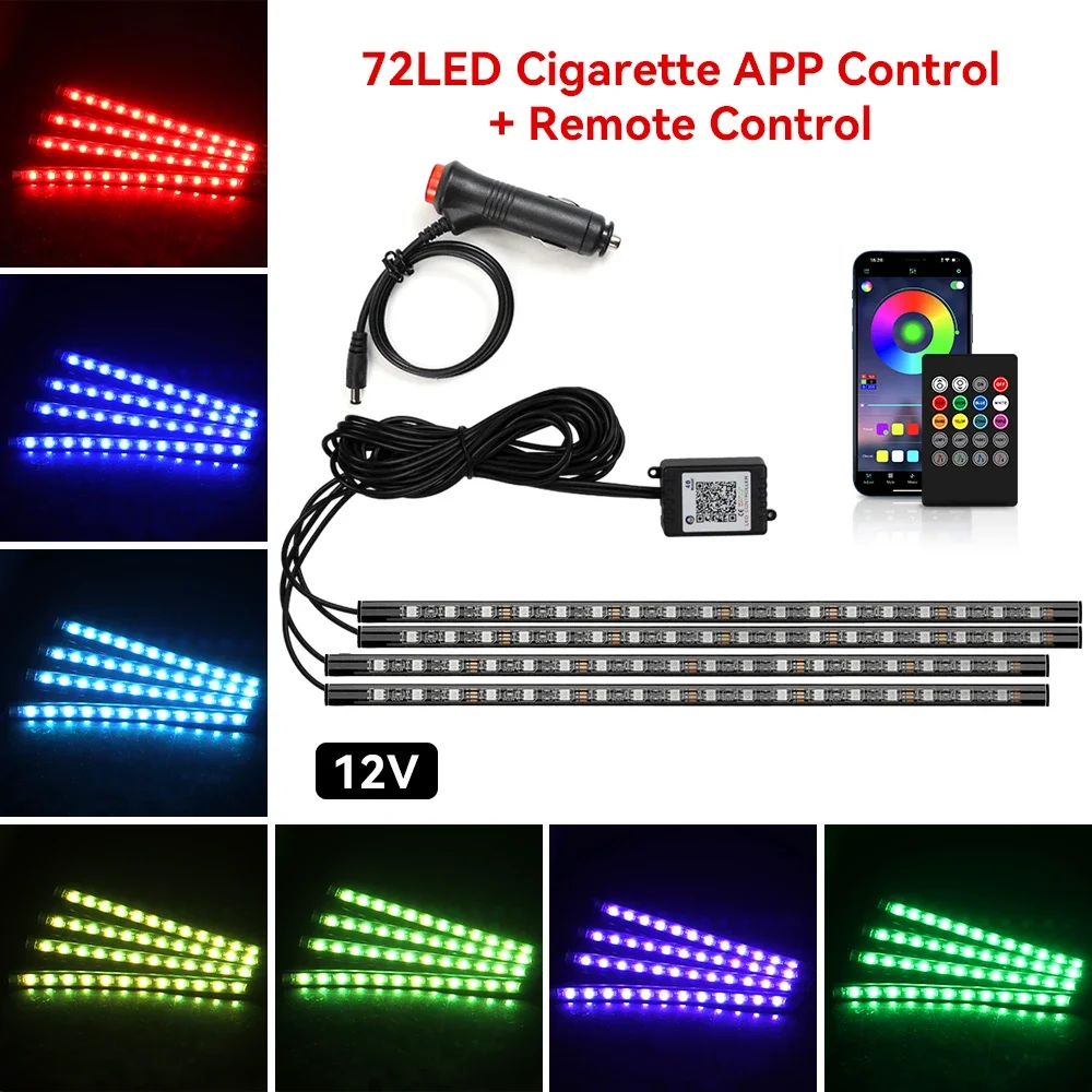Luz ambiental para interiores de coche, 48 72 LED, neón, con USB, control remoto inalámbrico, aplicación de música, luces decorativas de ambiente RGB automático