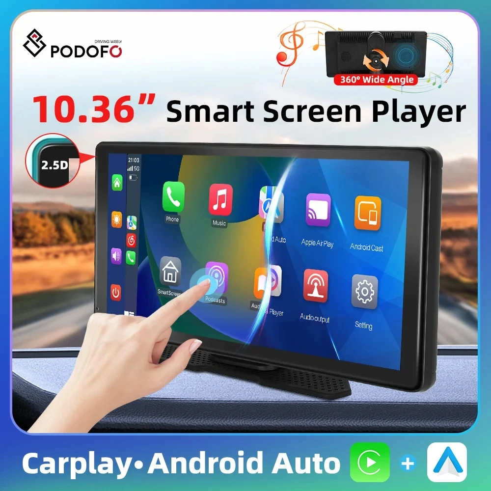 Podofo 10.36 ''Android Car Monitor Dashboard Wireless Carplay Android Auto Airplay Android Cast Support Tf Card Back-Up Camera