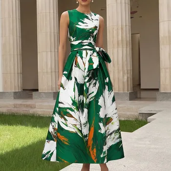 Abito lungo verde floreale senza maniche, elegante stile gonna lunga, moda donna, nuovo arrivo estivo, abito a trapezio con cintura in vita