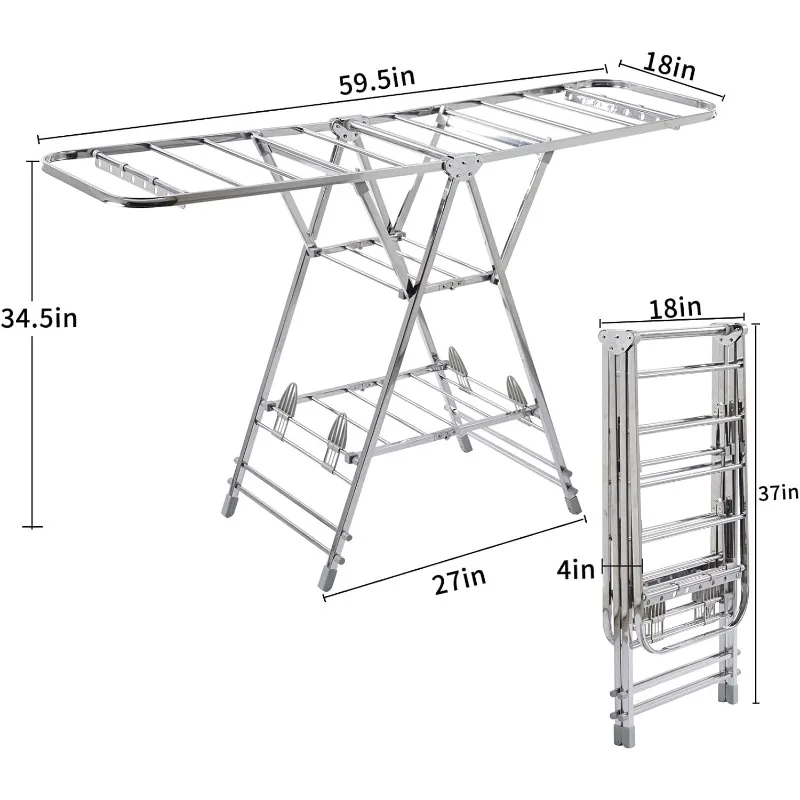 Foldable Clothes Drying Rack has 21 Rods, Non-Slip Buckle, Shoe Rack and Wheels ，Stainless Steel Laundry Drying Rack 2