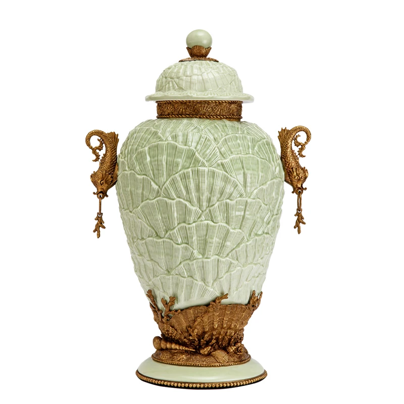

vintage green ceramic brass bronze base and lid porcelain jars bottle home accessories canisters ornaments