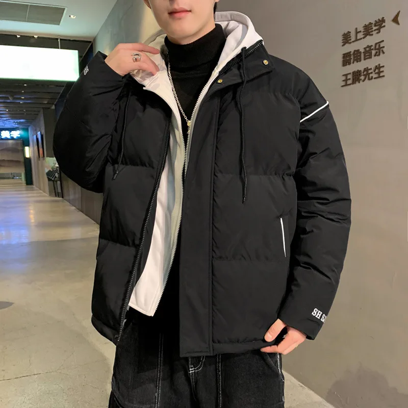 Men's Fashion Fake Two Thick Warm Jacket Trendy Brand Hooded Overalls Bread Clothes Youth Winter Clothes Harajuku Men Clothing