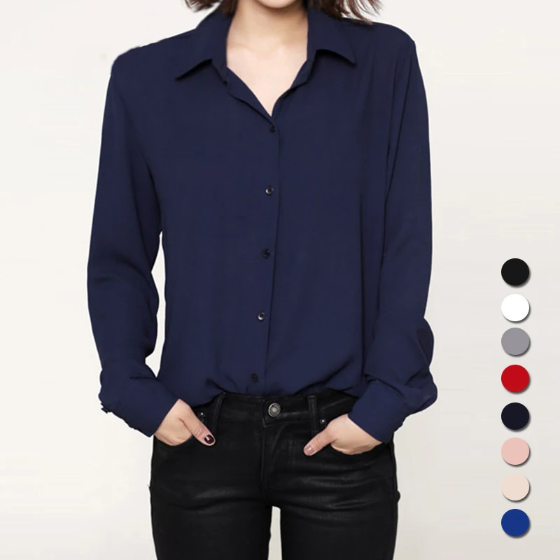 2023 Autumn Women\'s Solid Color Lapel Long Sleeve Chiffon Shirts Simple Casual Loose Woman Blouse and Tops Office Lady Clothes