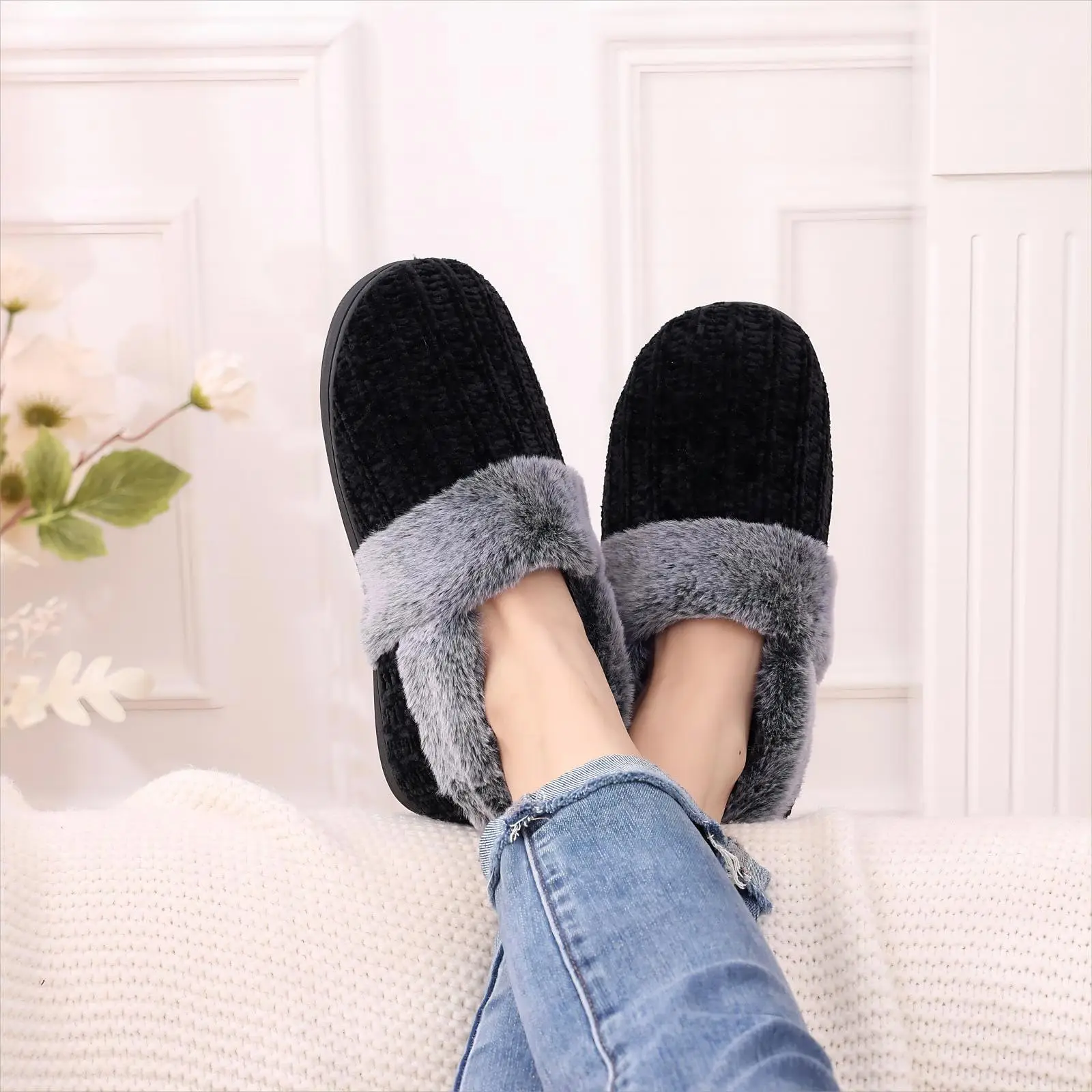 Shevalues Winter-Flauschige Hausschuhe für Damen, Memory-Schaum-Slides, gemütliche, wollähnliche Fleece-Futter-Slides, warme Damen-Hausschuhe aus Fellstrick – Detail 21