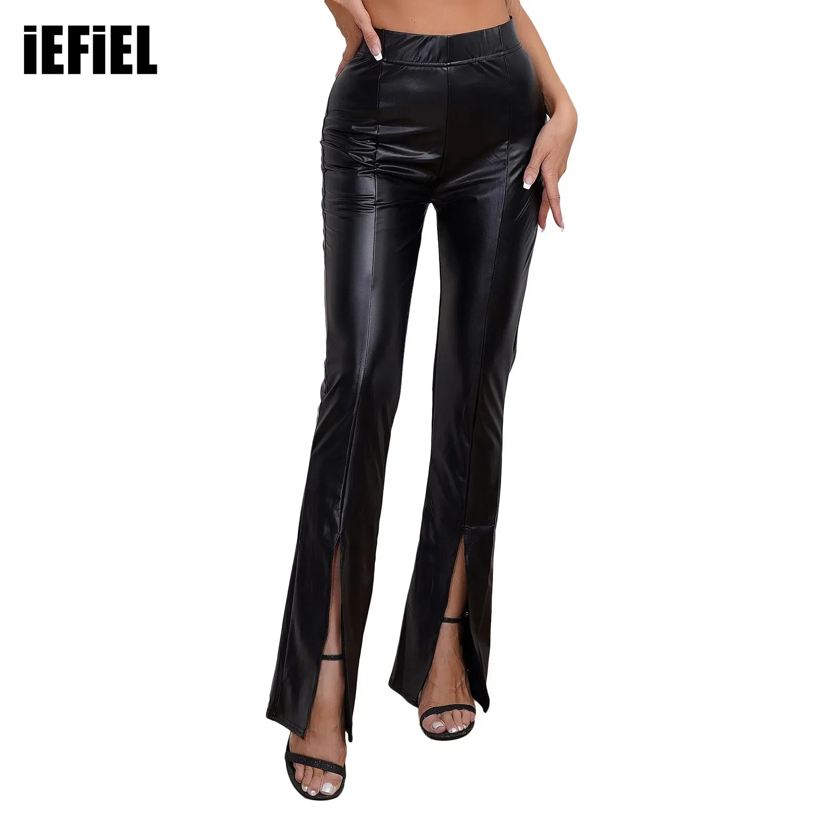 

Womens PU Leather Flare Pants High Waist Split Hem Slacks Elastic Waist Slim Fit Bell Bottom Long Pants Club Party Trousers