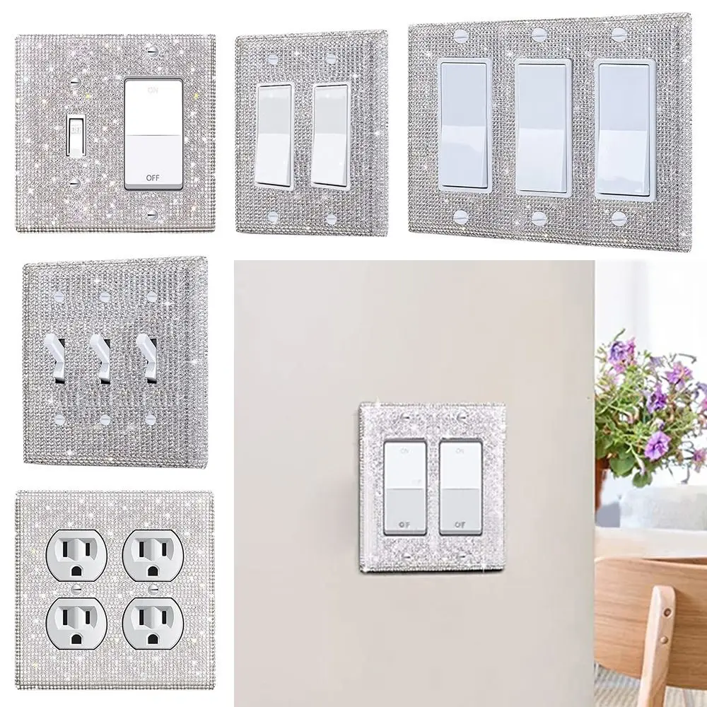 Wall Touch Switch Socket Light Switch Cover Pixel Style Switch Board US Standard Glitter Bling Plug Outlet Rhinestones Socket Frame Wall Plate Cover