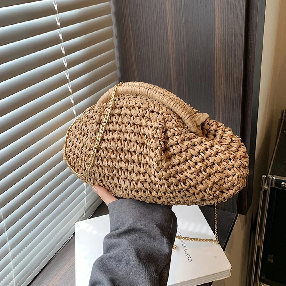 Women Straw Woven Bag Chain Strap Fashion Shoulder Bag Large Capacity Woven Dumpling Bag Solid Color for Party Vacation