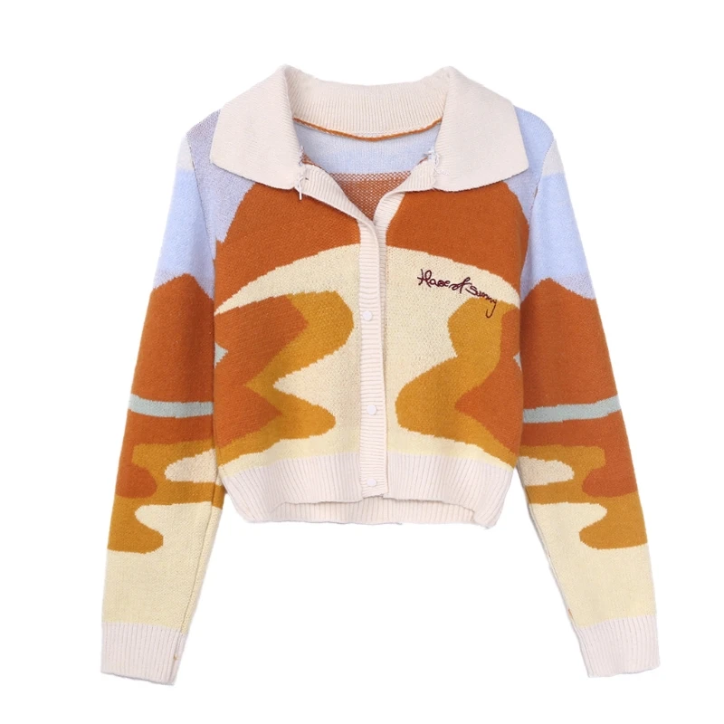 Women Autumn Long Sleeve Lapel Knitted Cardigan Contrast Color Letters Embroidery Sweater Coat Harajuku Button Top 10CF