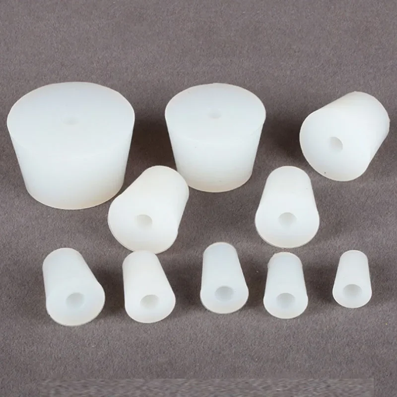 White Conical Silicone Plugs With Hole High Temp Rubber Laboratory Flask Stopper Tapered Hole Sealing Covers